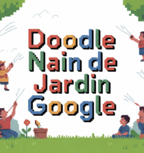 Illustration pixel art du Doodle nain de jardin Google, ambiance retro colorée
