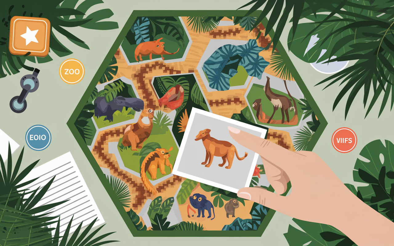 Main posant carte animal sur plateau Ark Nova, gestion zoo