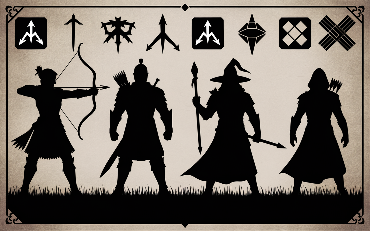Schéma classes DND icônes archer guerrier mage soigneur