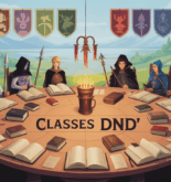 Illustration table ronde classes DND avec cartes, dés et grimoires