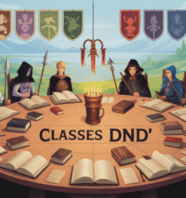 Illustration table ronde classes DND avec cartes, dés et grimoires