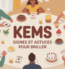 Joueurs autour d'une table au Kem’s échangeant des signes secrets, ambiance conviviale