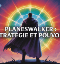 Illustration heroique d'un planeswalker Magic The Gathering devant portail magique