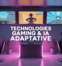Salon moderne gaming avec IA adaptative et triple écrans