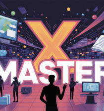 Jeunes réussissant devant écrans livres manettes X Master