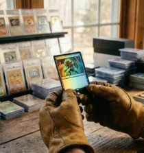 Main gantée tenant carte Pokémon rare collection