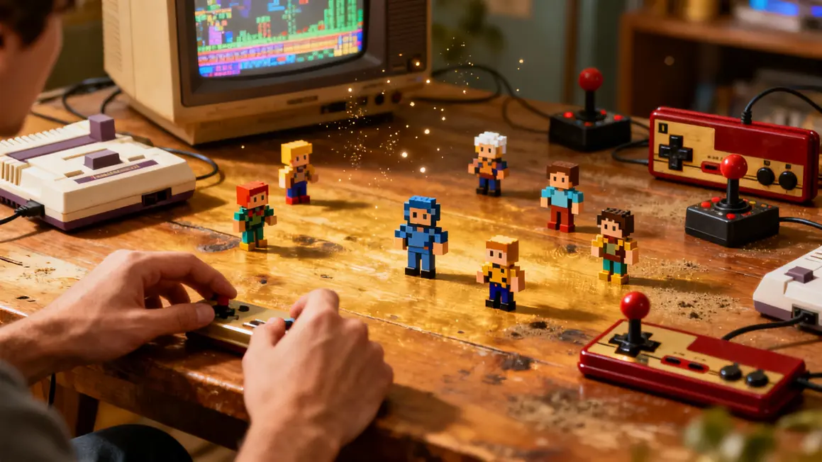 Table retro avec mini-figurines pixelisees et accessoires geek