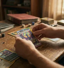 Carte Noctali VMAX brillante sur table, manipulation collection