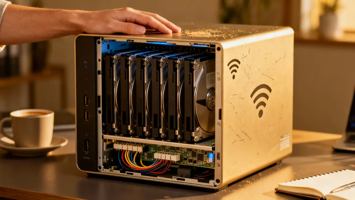 Schéma boitier NAS avec disques et connectiques réseau