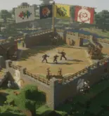 Vue aérienne d'une arène large sur serveur PvP francophone Minecraft