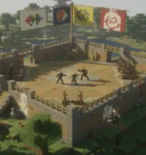 Vue aérienne d'une arène large sur serveur PvP francophone Minecraft