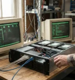 Serveur NAS avec disques visibles dans atelier informatique