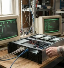 Serveur NAS avec disques visibles dans atelier informatique