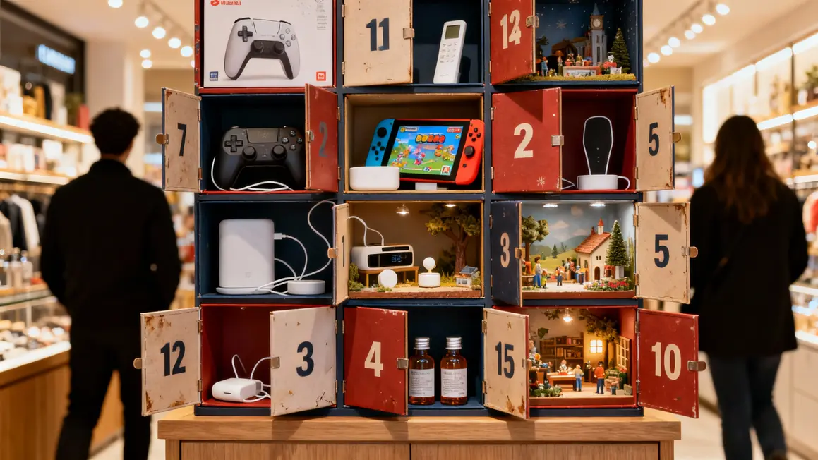 Calendriers de l'avent geek 2025 exposes avec gadgets et mini-jeux