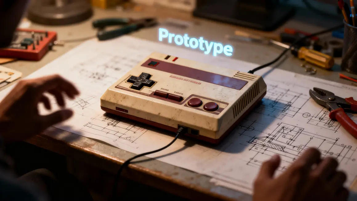 Console Neptalia stylisée bureau esquisses prototype retro