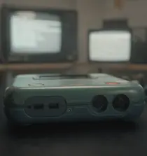 Console retro Neptalia futuriste bleu vert ambiance mystère
