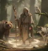 Druide D&D en forêt avec bâton et animaux mystiques