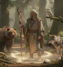 Druide D&D en forêt avec bâton et animaux mystiques