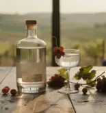 Bouteille de gin G'Vine et cocktail raisin sur table bois