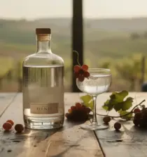 Bouteille de gin G'Vine et cocktail raisin sur table bois