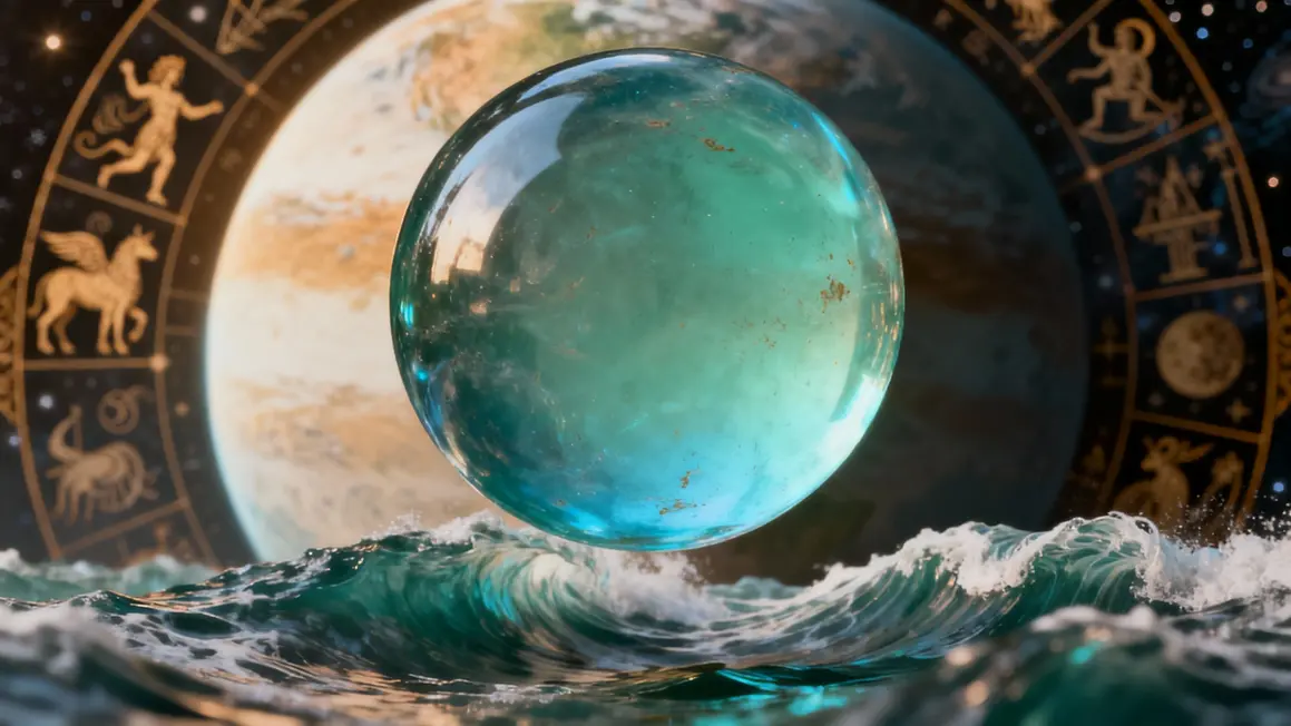 Sphère Neptalia bleu vert sur vagues stylisées et planète