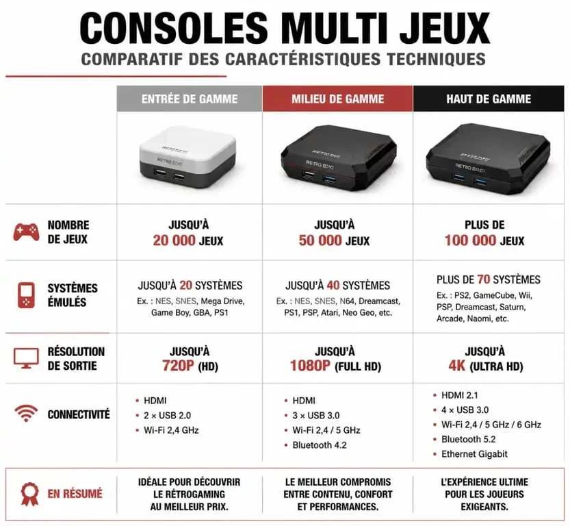 Tableau comparatif des caractéristiques techniques pour bien choisir sa console multi jeux