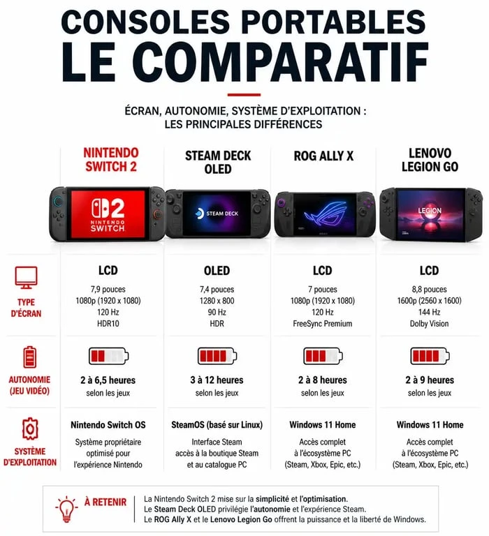 Comparatif technique des meilleures consoles portables 2026 : Nintendo Switch 2, Steam Deck OLED, ROG Ally X et Lenovo Legion Go.