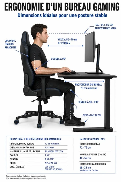 Infographie ergonomie meilleur bureau gaming dimensions idéales