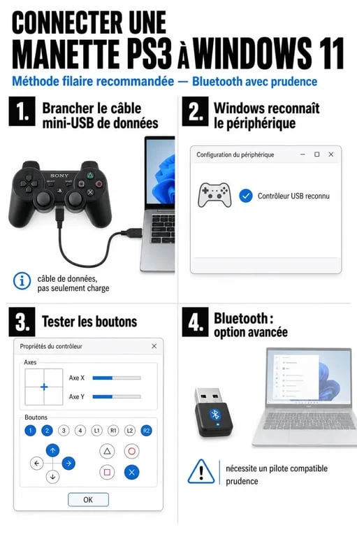 Manette PS3 sur PC Windows 11 : étapes de connexion et de test en USB