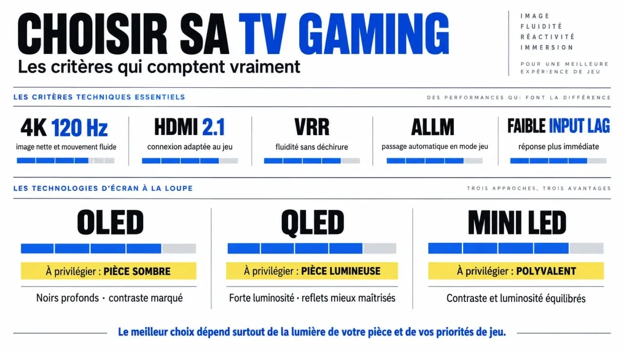 Meilleure TV gaming : comparaison des critères 4K 120 Hz, HDMI 2.1, VRR et technologies OLED QLED Mini LED
