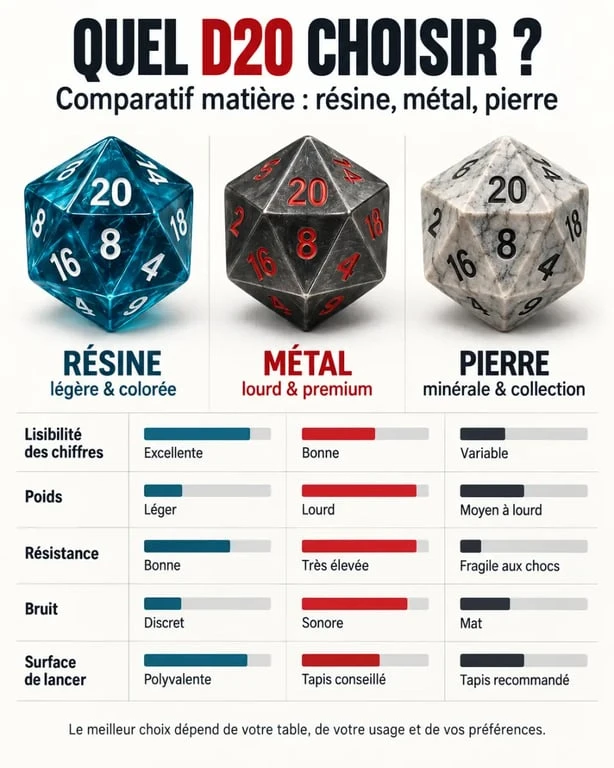 Infographie comparative des matériaux d’un D20 en résine, métal et pierre