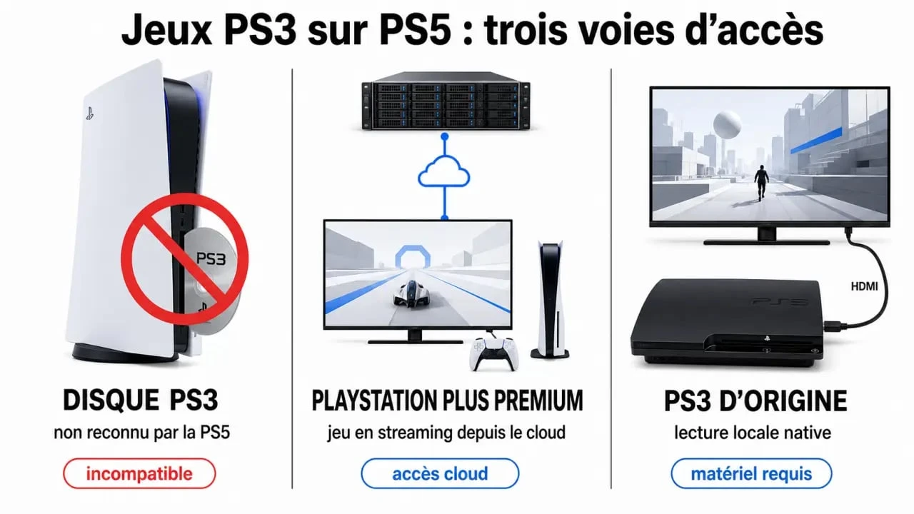 ps5 rétrocompatibilité ps3 illustrée par un comparatif entre disque PS3 non reconnu, streaming PlayStation Plus Premium et console PS3 d'origine