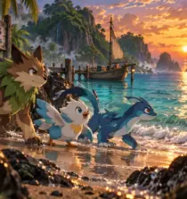 Pokemon winds and waves : archipel tropical, starters sur la plage